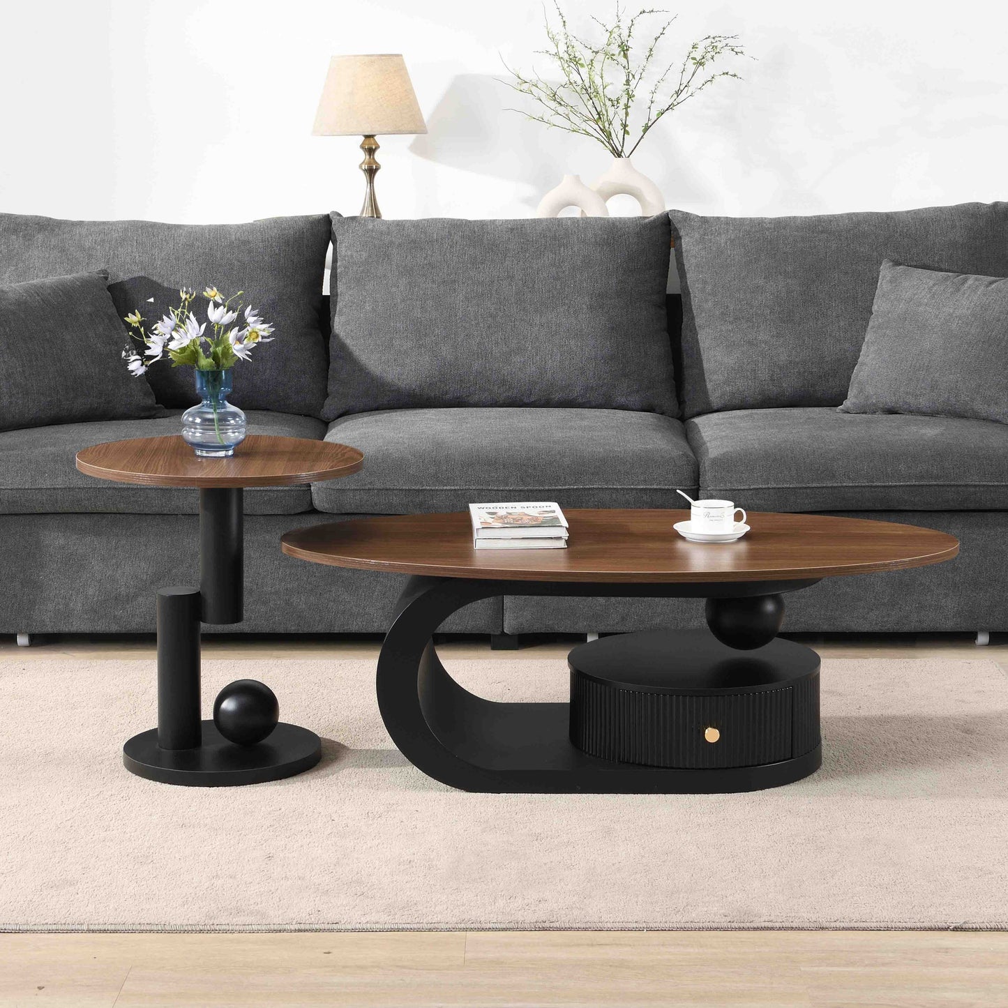 Luxury Nesting Coffee Table Set of 2, Tables with Storage for Living Room, Oval and Round Table Set, Black Center Table, Cocktail Table, Side Table, Large 47.24'', Small 19.69''