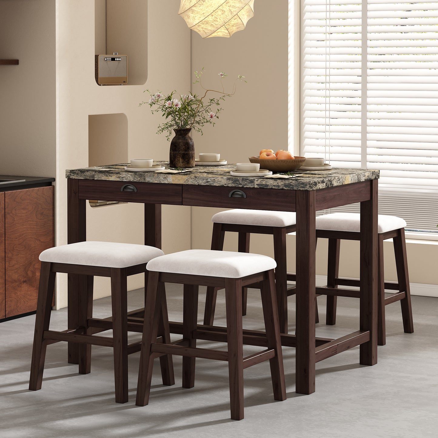 TREXM 5-Piece Dining Table Set for 4, Counter Height Modern Kitchen Table and Chairs Set of 4 with Storage Drawers, Marble Dining Table with 4 Upholstered Chairs for Small Space (Walnut)