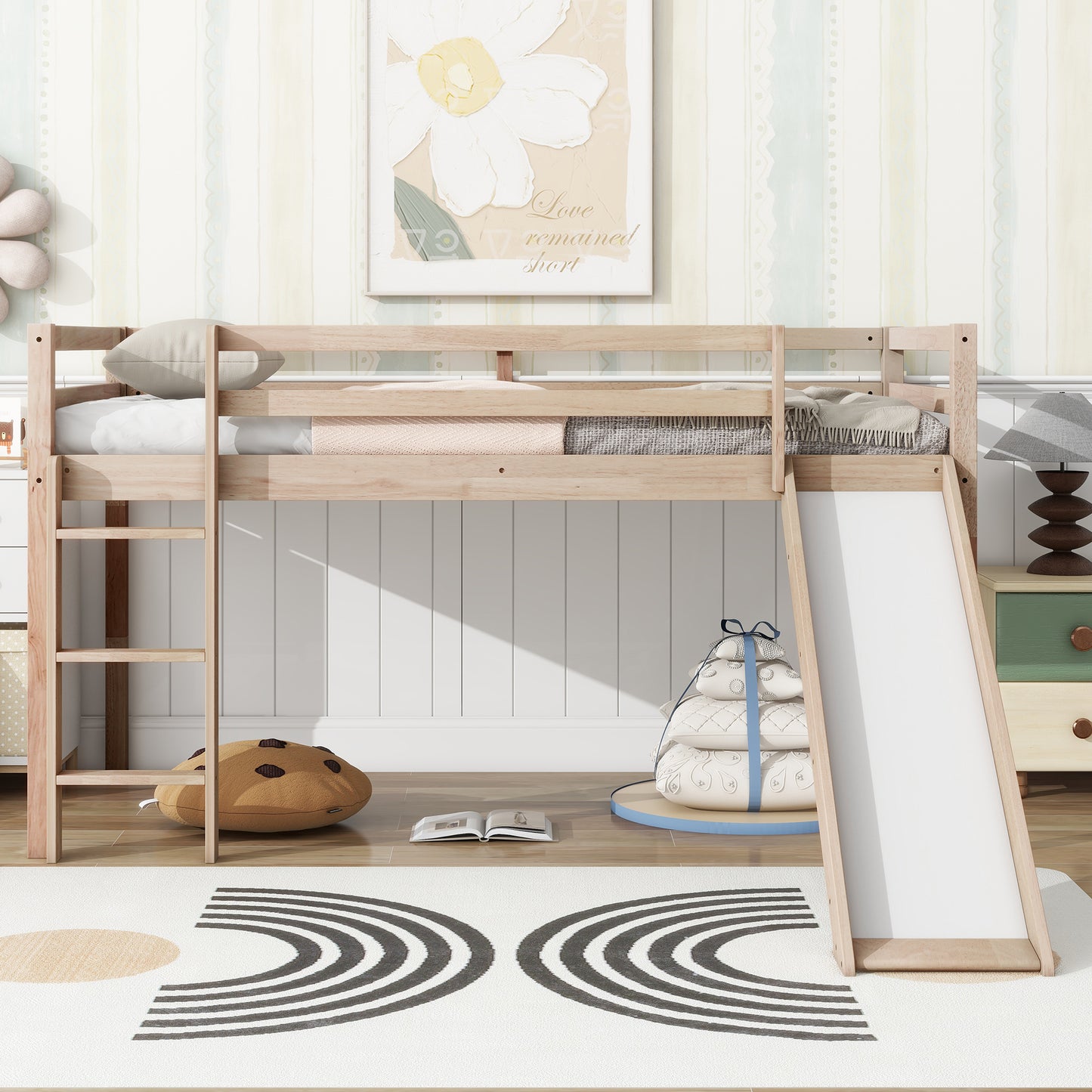 Twin Low Loft Bed with Slide, Ladder, Safety Guardrails, Rubber Wood Twin Loft Bed,White Oak