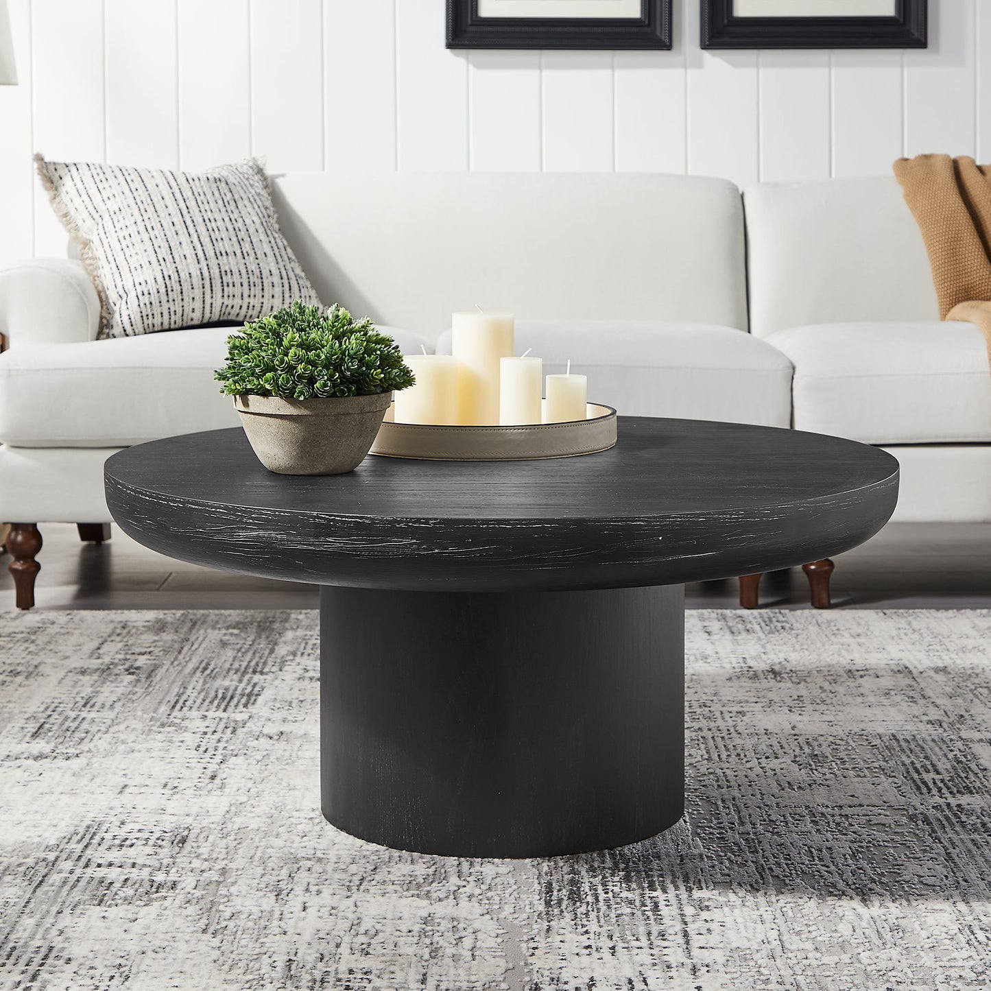 Round Coffee Table with Cylindrical Leg Wood Veneer Tabletop Sofa Side Table for living Room Office, Black