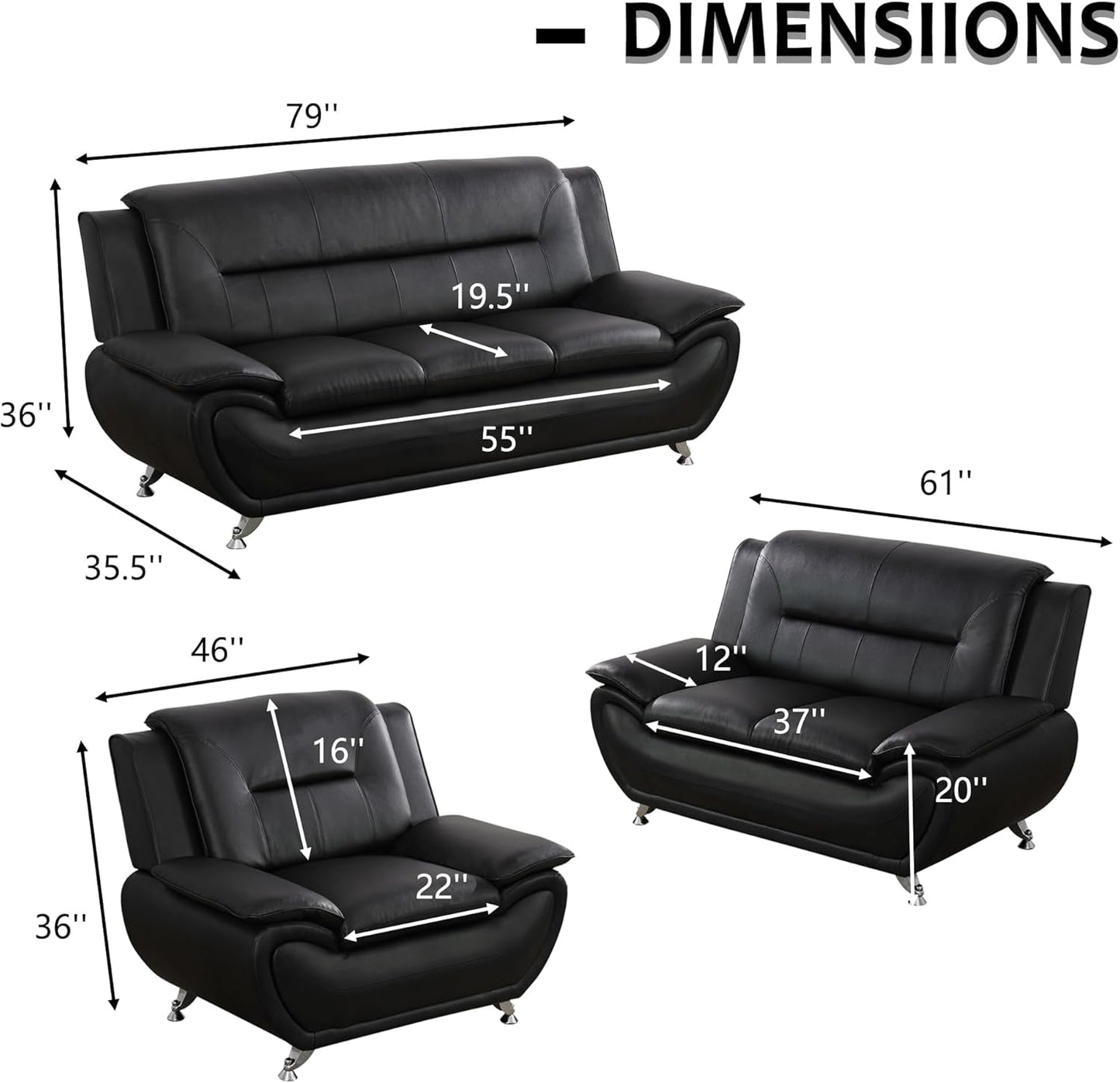 3 Piece Black Sofa Set Modern Living Room Couch Set Sofa Loveseat Chair For Home Decor