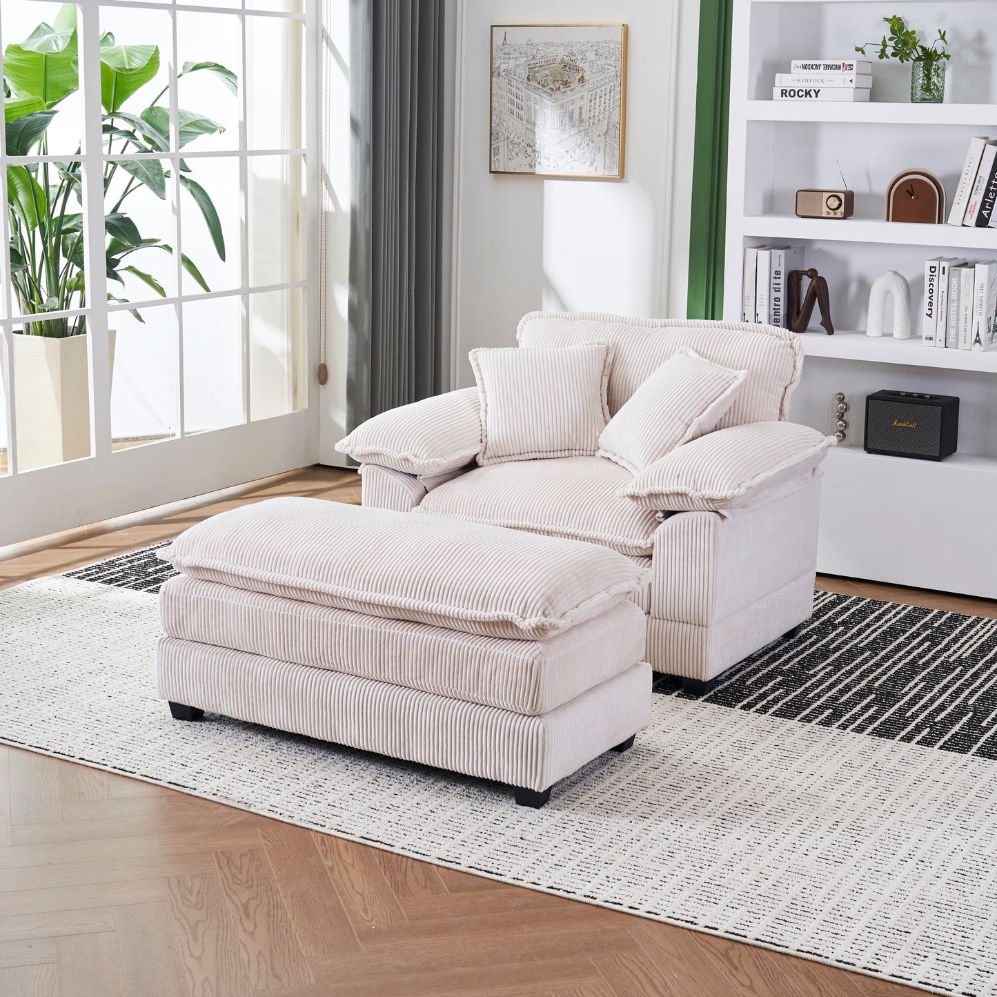 56.3 Inch Corduroy single sofa With 2 toss pillows and a ottoman ,Comfy Sofa- Deep Seat Couch for Living Room