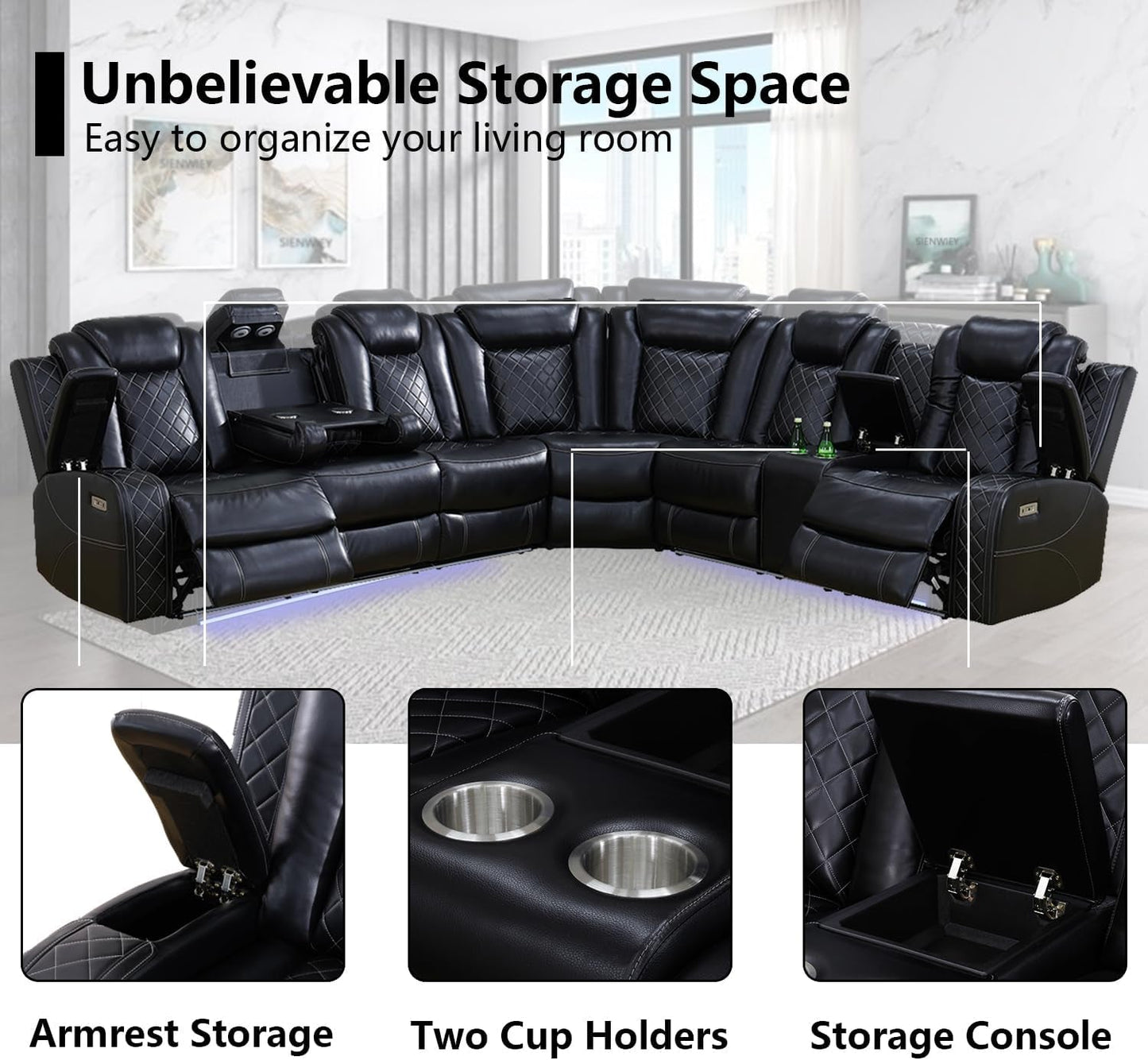 Black Leather Power Reclining Sectional Sofa Living Room