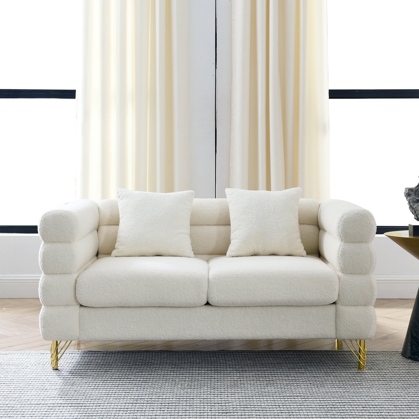 60Inch Oversized 2 Seater Sectional Sofa, Living Room Comfort Fabric Sectional Sofa-Deep Seating Sectional Sofa, Soft Sitting with 2 Pillows for Living Room, Bedroom White teddy(Ivory)(W834S00029)