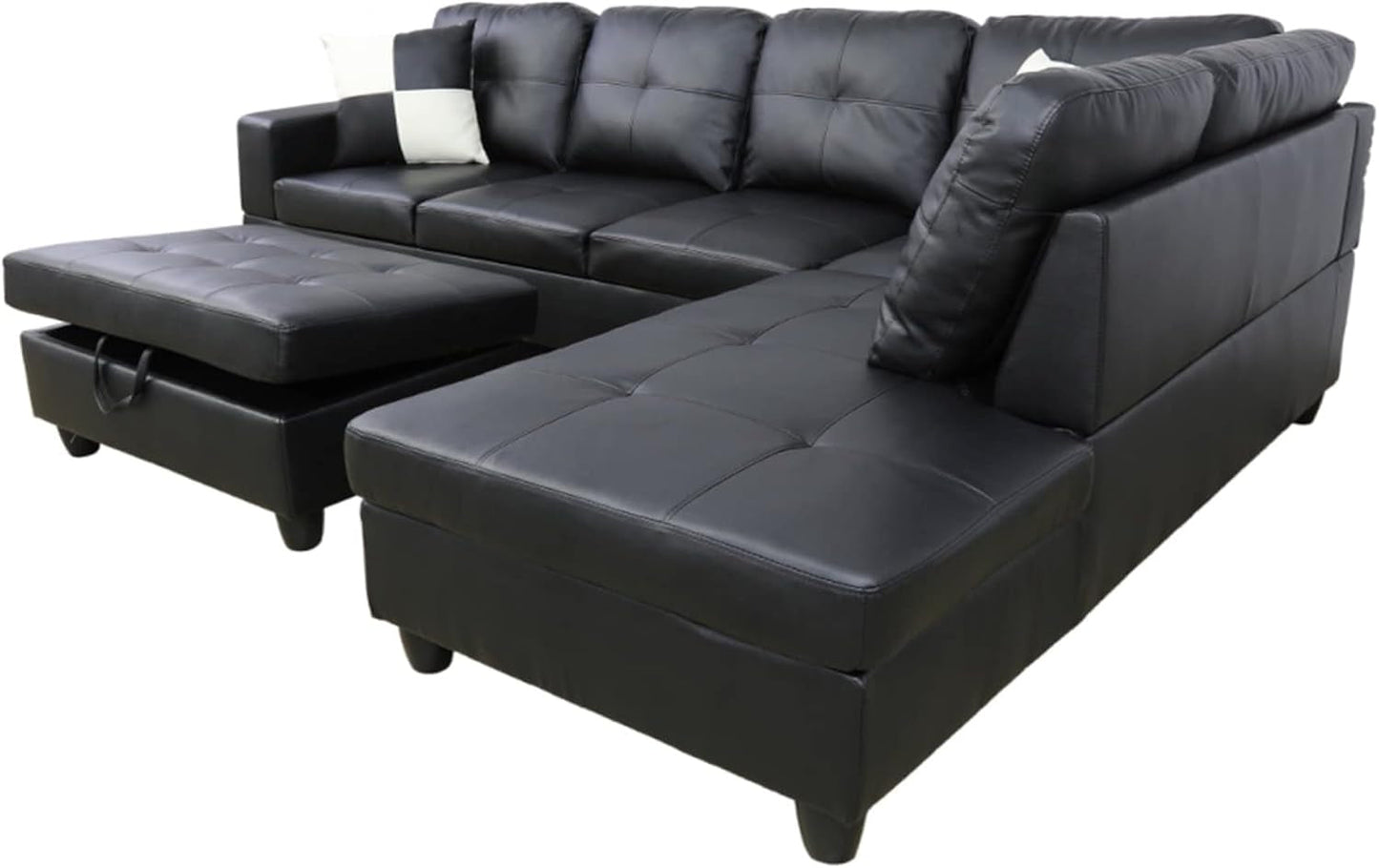 Faux Leather L Shaped Sectional Sofa Black 103 Inch Wide With Ottoman