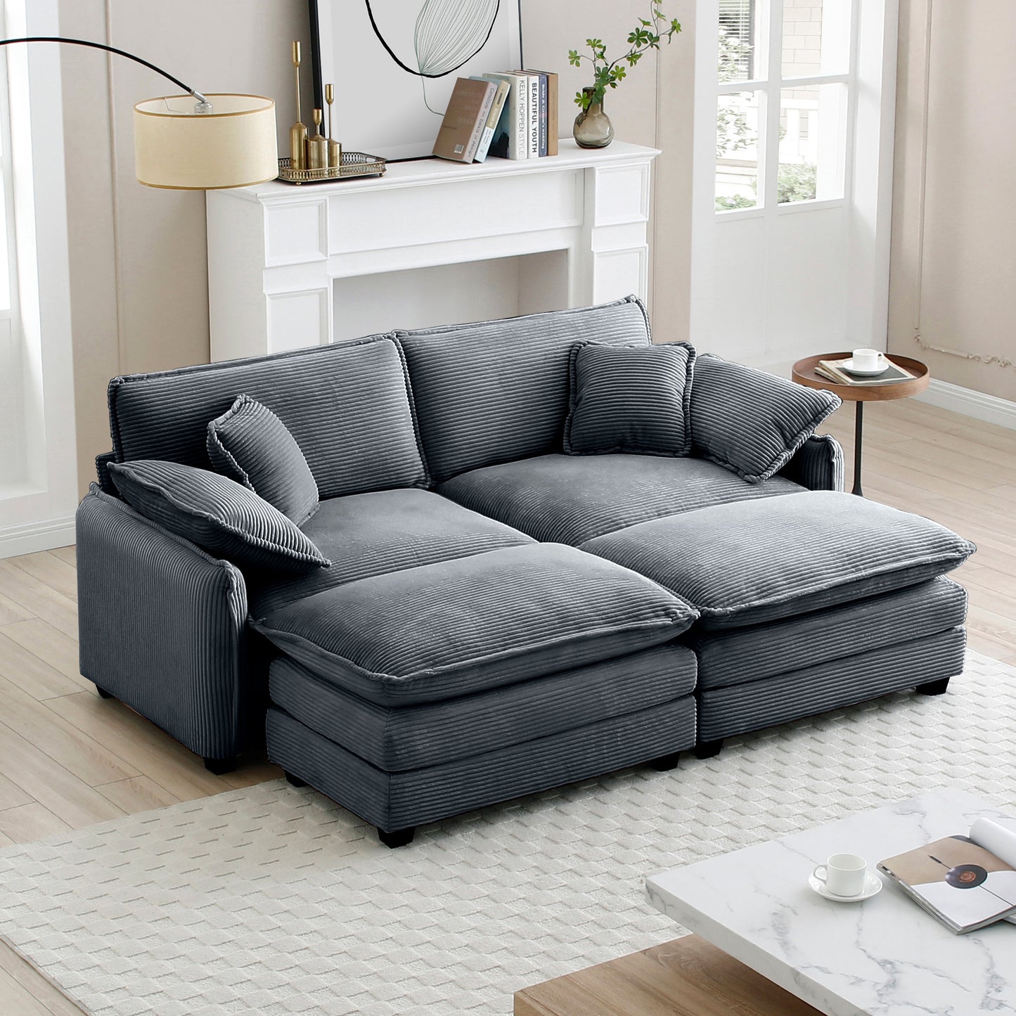 Two-Seater Theater Sofa  with 2 Footrest, 2-Seater Sofa with Ottoman for Small Living Spaces,Grey Corduroy