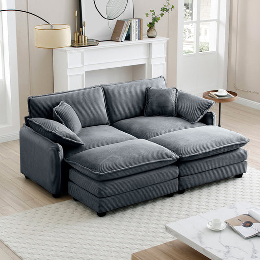Two-Seater Theater Sofa  with 2 Footrest, 2-Seater Sofa with Ottoman for Small Living Spaces,Grey Corduroy