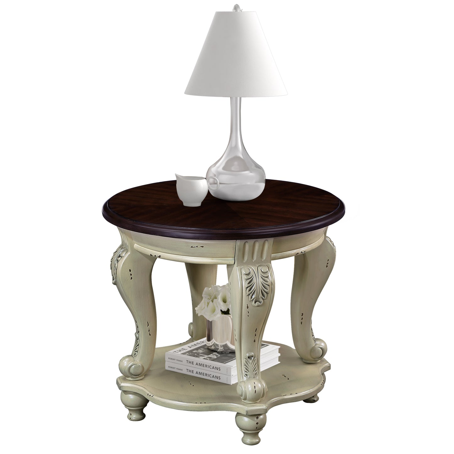 22'' Two Tone Round End Table,Solid Wood Sofa Side Table with Shelf,Living Room Corner Table Easy Assemble,Beige and Espresso Top