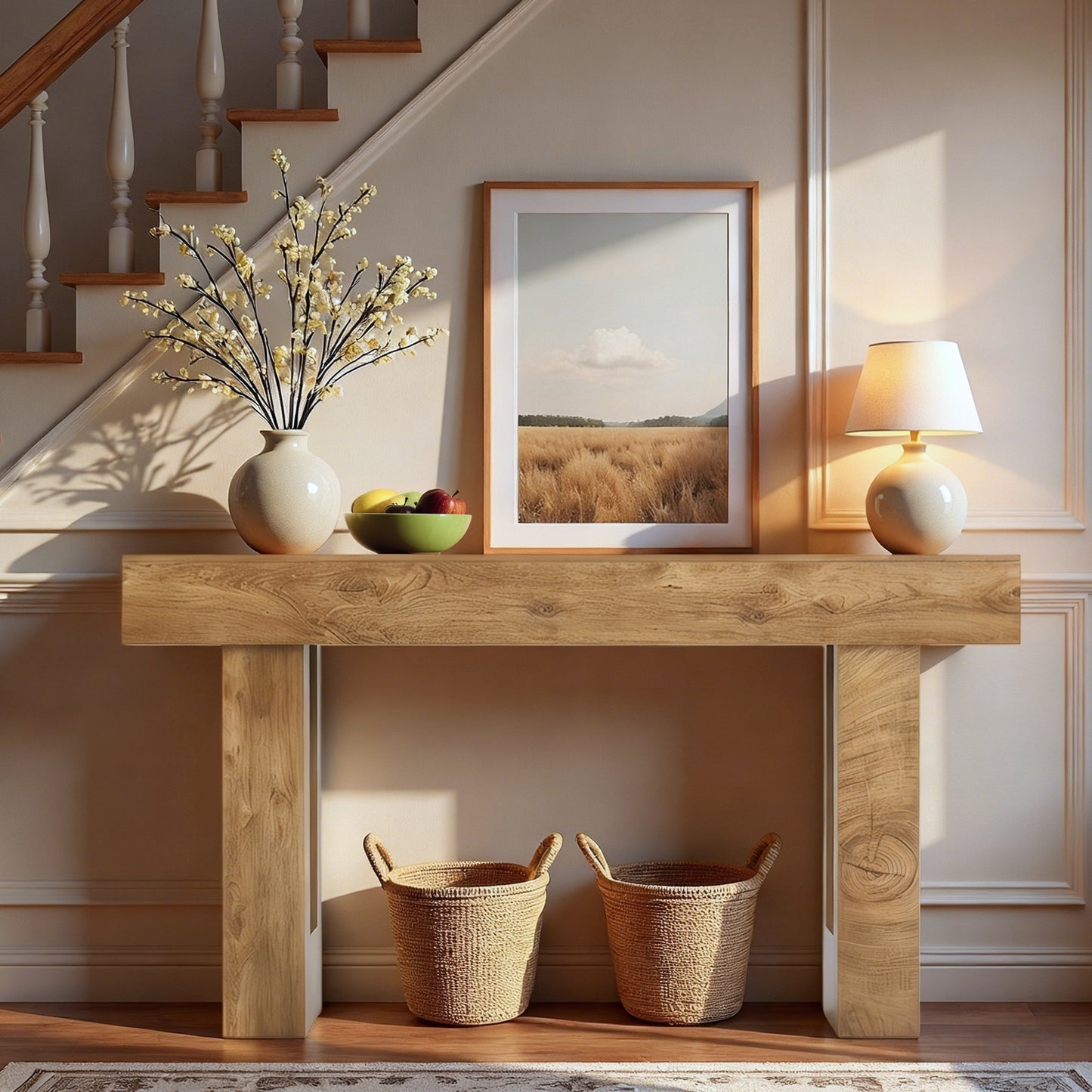 63'' Long Console Table, Farmhouse Entryway Table with Storage, Native Wood Grain Tree Scars, Wooden Rectangular Sofa Table Behind Couch for Entrance, Hallway, Living Room, Foyer (Natural Wood)