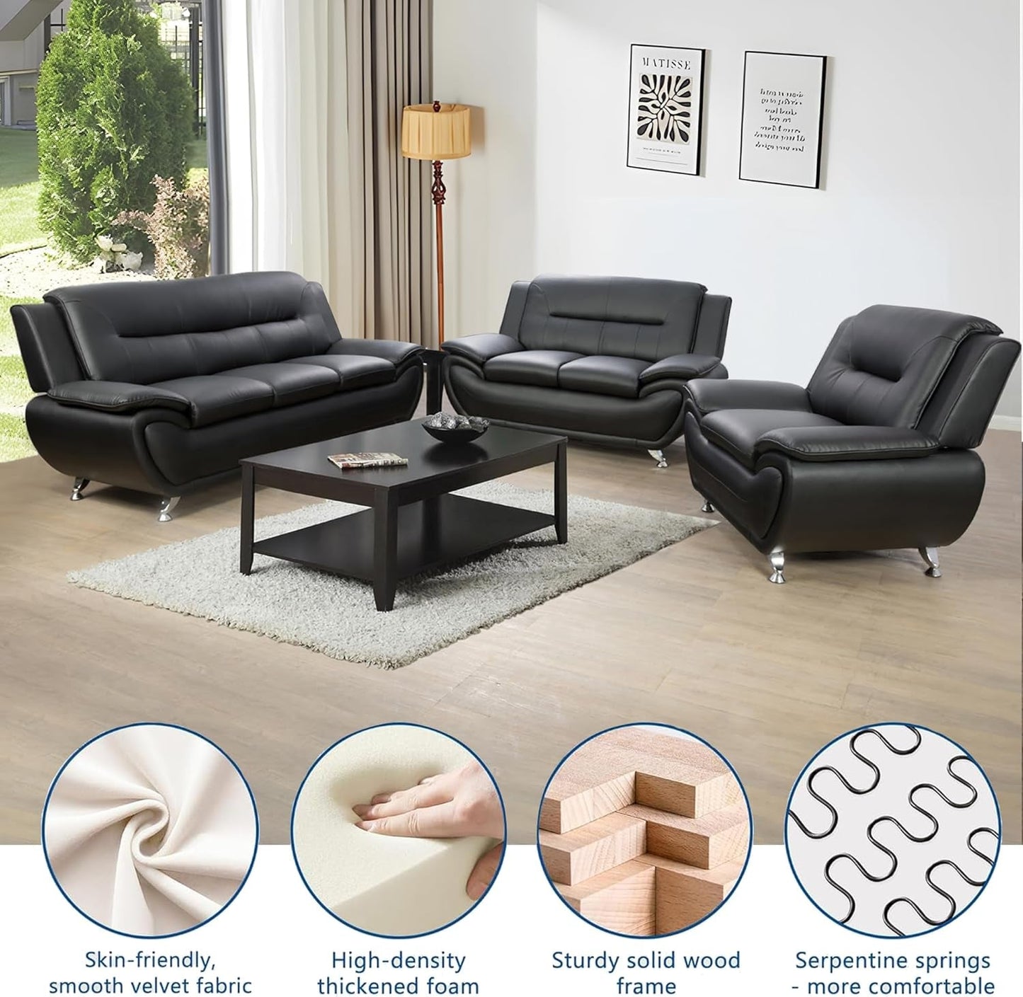 3 Piece Black Sofa Set Modern Living Room Couch Set Sofa Loveseat Chair For Home Decor