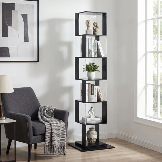 360° Rotating 6-Tier Black Bookshelf with Stable Anti-Tip Base, Tall Floor Standing Bookcase & Modern Display Shelf for Living Room, Home Office, Bedroom