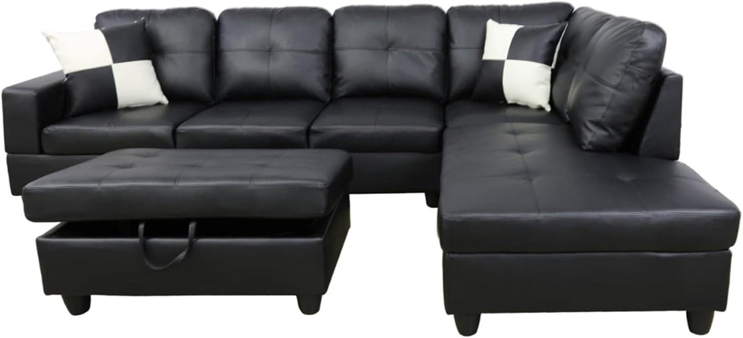 Faux Leather L Shaped Sectional Sofa Black 103 Inch Wide With Ottoman