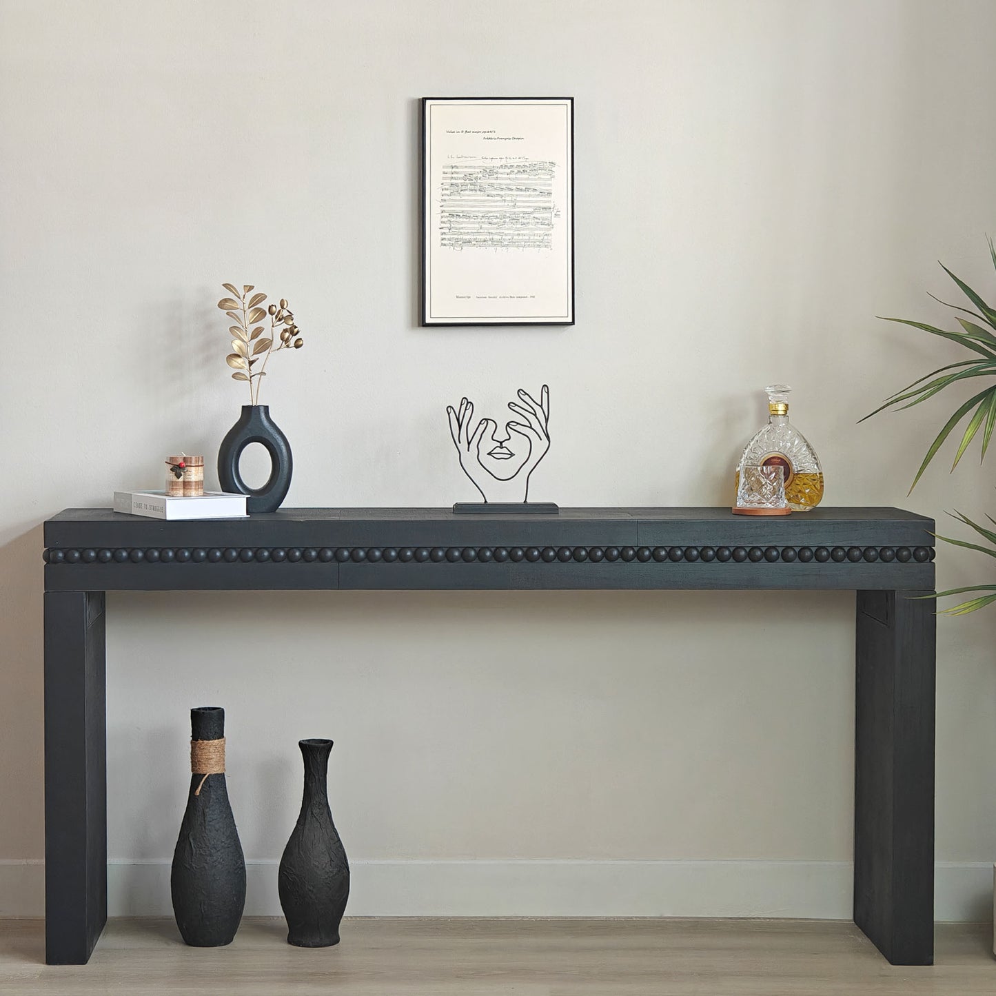 64in Modern Black Wood Console Table – Elegant Entryway Table with Decorative Beaded Trim