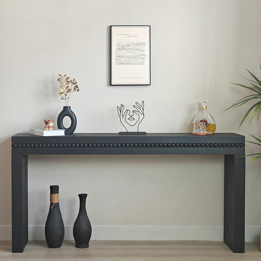 64in Modern Black Wood Console Table – Elegant Entryway Table with Decorative Beaded Trim