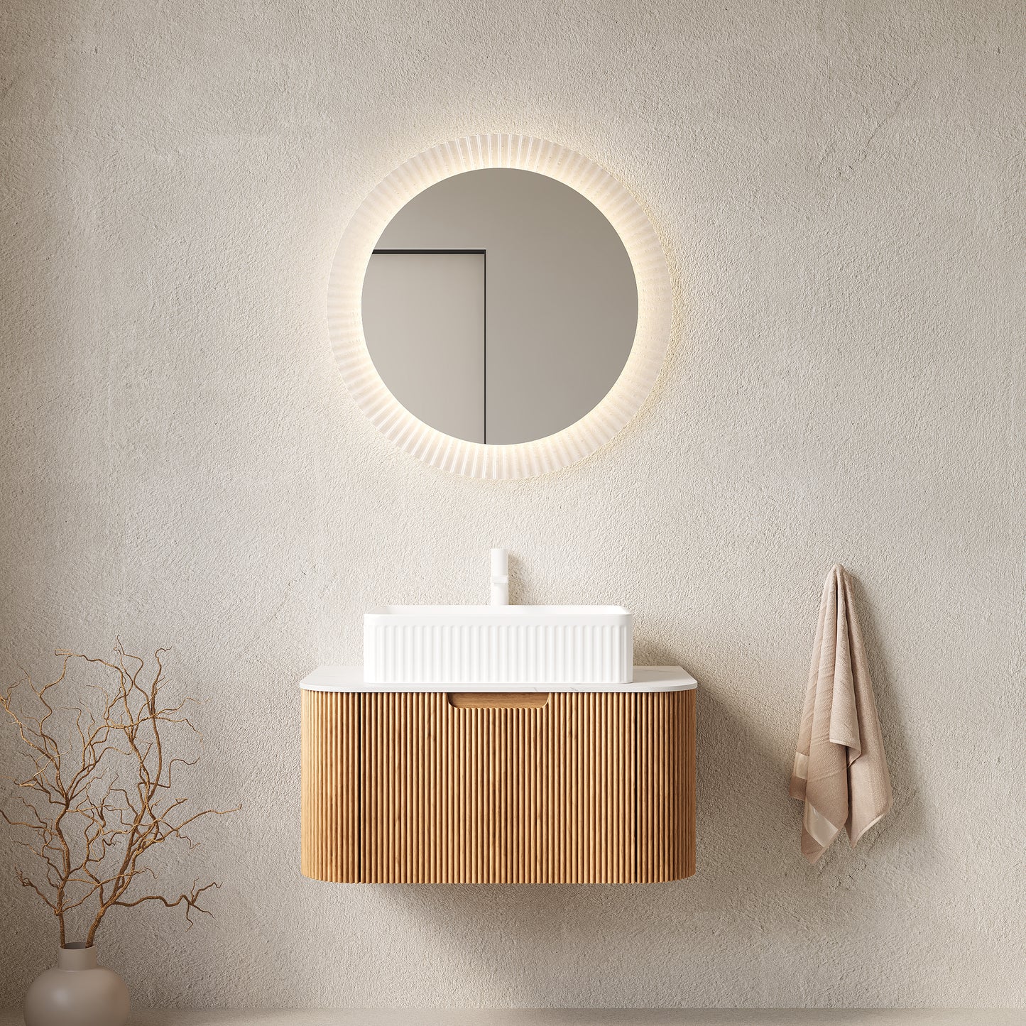 DINA 30'  Bathroom Vanity with Sink, Wall-Mounted Floating Curved Edges Striped Bathroom Storage Cabinet with Drawer, White Rectangular Ceramic Basin, No Faucet, Pre-assembled, Natural Woodgrain Color