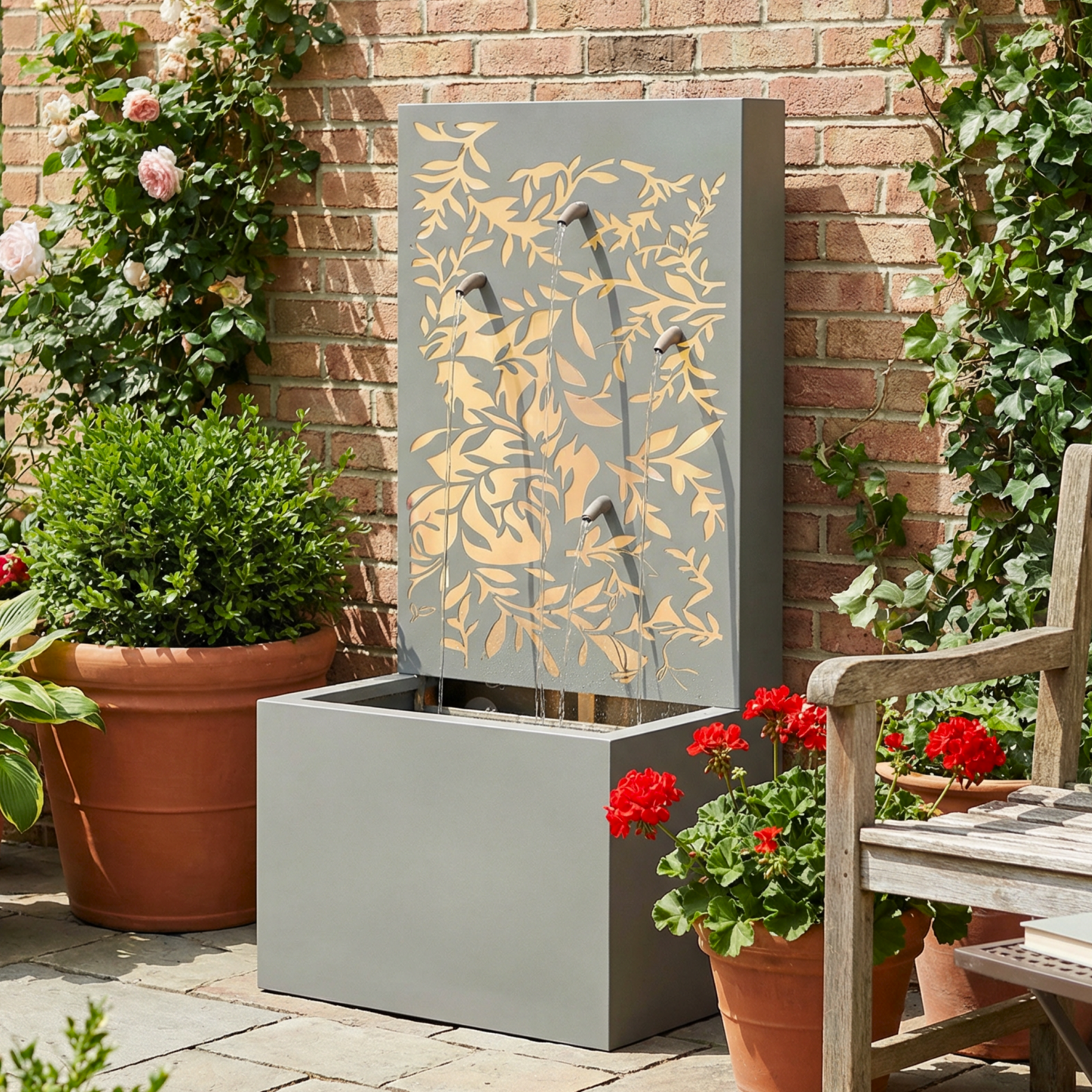 30.71'H Light Gray Metal Leaf Cutout Outdoor Water Wall Fountain with LED Lights, Modern Waterfall Feature for Patio Garden Backyard Decor