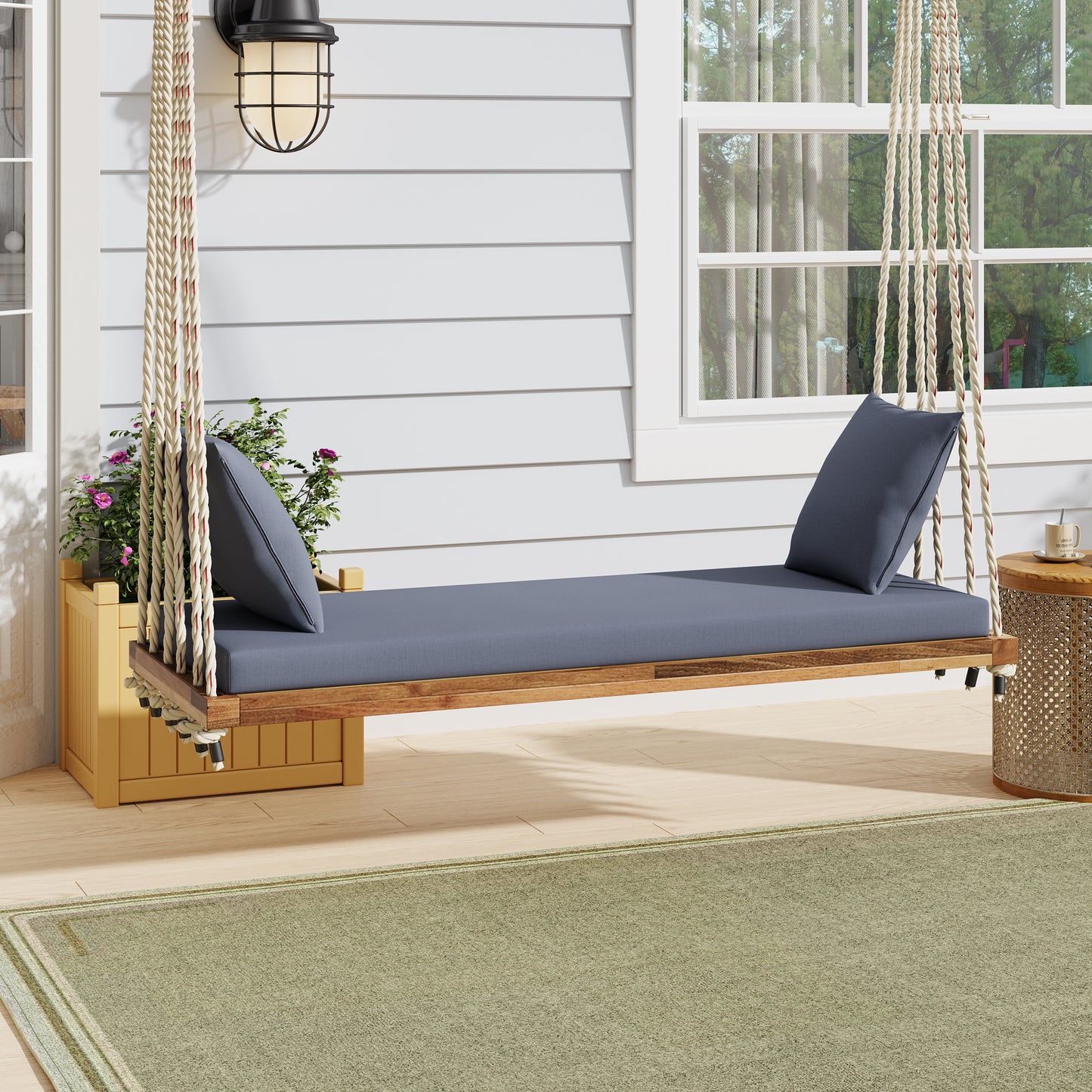 Hanging Porch Swing Bench with Cushion & Pillows,