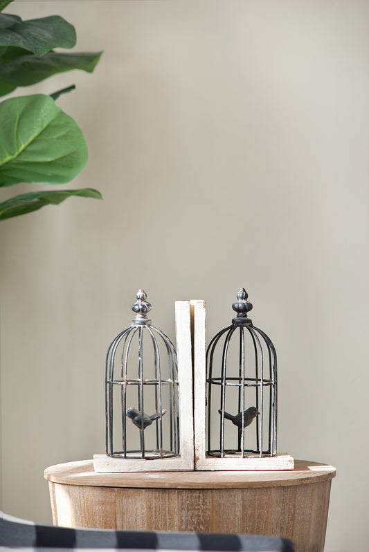 S/2 5.5x4.5x10'  Distressed Black Bird Cage Bookend, Antique white