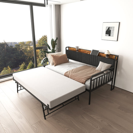 Daybed with Trundle, Sturdy Metal Twin Bed Frame with Upholstered Headboard and Charging Station for Living Room, Bedroom and Guest Room, Black