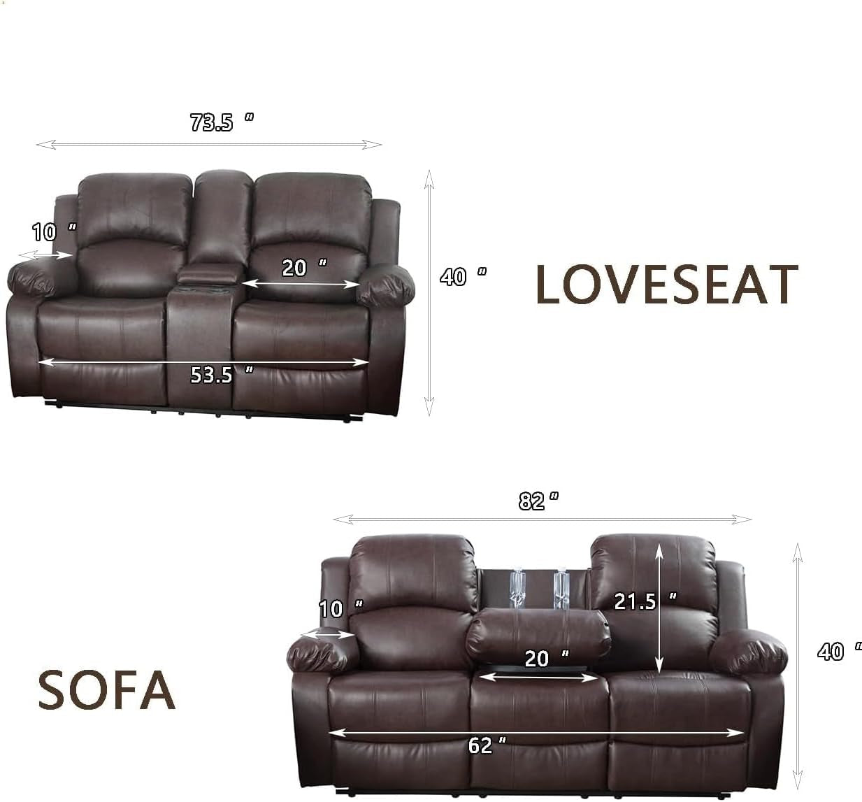 Bonded Leather Living Room Sofa Set With Reclining Sofa And Loveseat Brown