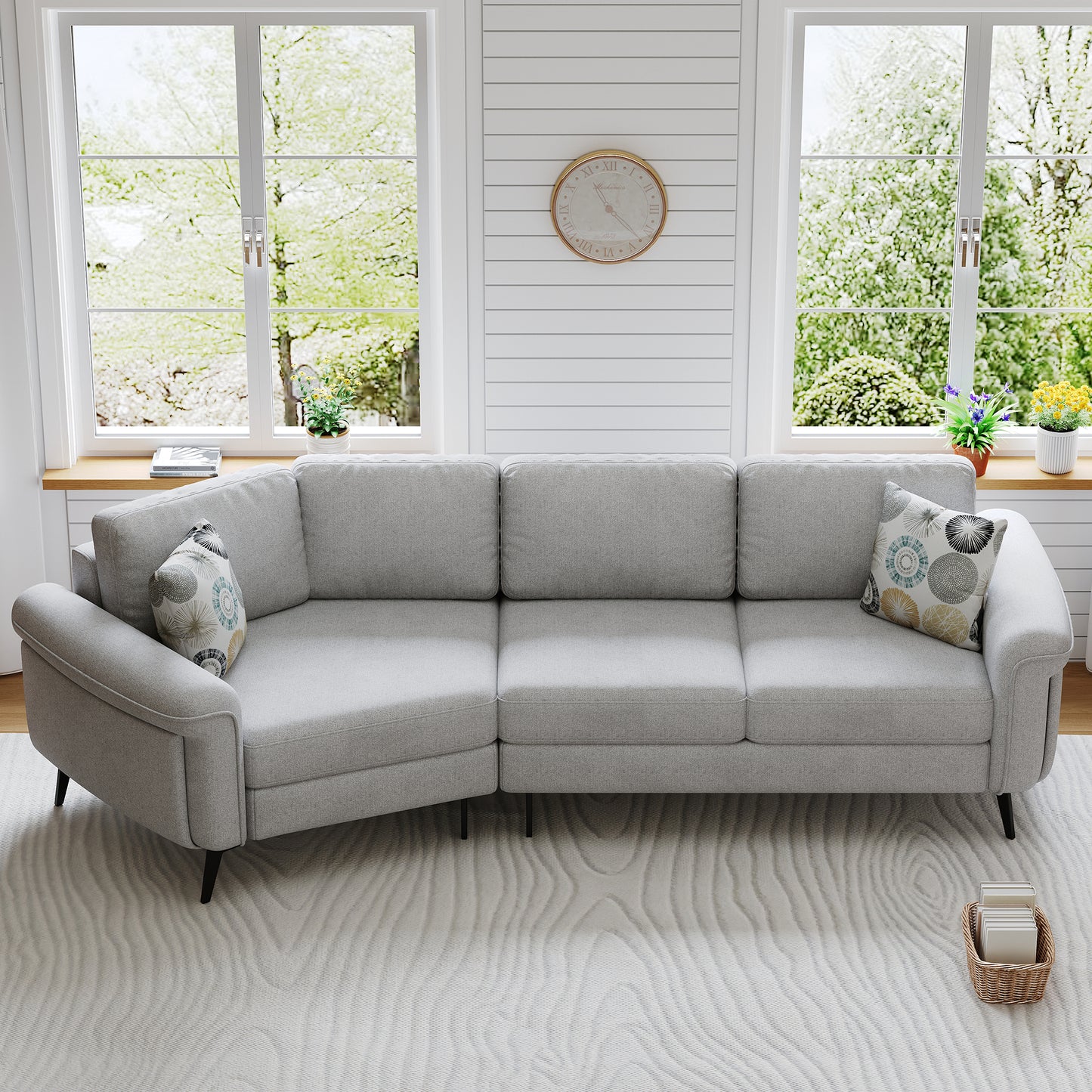 111' Upholstered 3-seater Sofa Curved Sofa Couch with Two Printed Pillows for Living Room, Gray