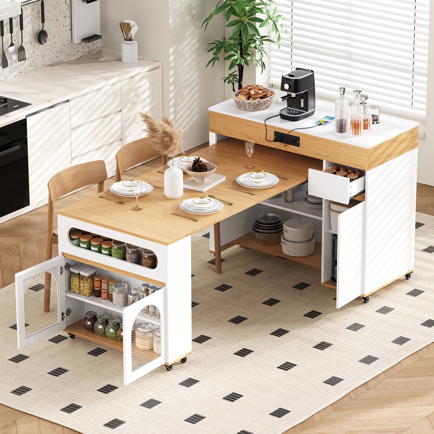 TREXM Extendable Dining Table with Extra-Long Folding Top, Rolling Kitchen Island with Drawers, Power Outlet and Brake lock, Storage Cabinet for Kitchen and Dining Room (Natural + Creamy White)