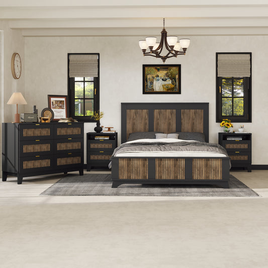 4-Pieces Bedroom Sets, Queen Size Farmhouse Platform Bed