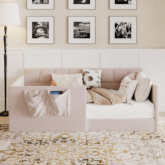 Twin Size Daybed Velvet Upholstered Sofa Bed with High Side Panels and Side Entrance, Space-Saving Guest Bed with Storage Pockets, Pink