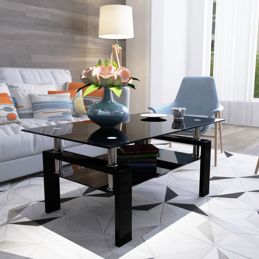 Rectangle Black Glass Coffee Table Modern Side Center Table for Living Room, Black Tempered Glass with Iron Tube