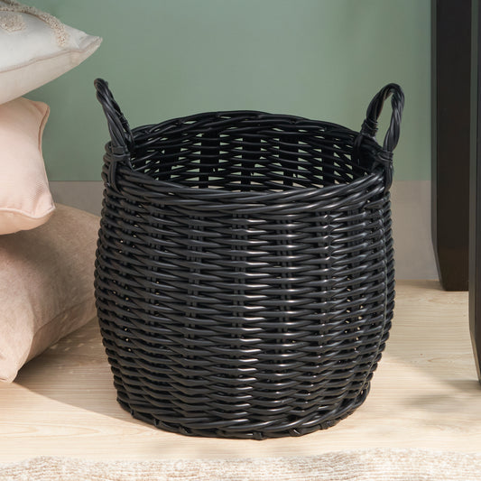 Lucius Round Resin Woven Wicker Basket with Handles - 13' x 13' x 13' - Black - For Clothes, Towels, Toys, Magazines Storage and Home Decoration