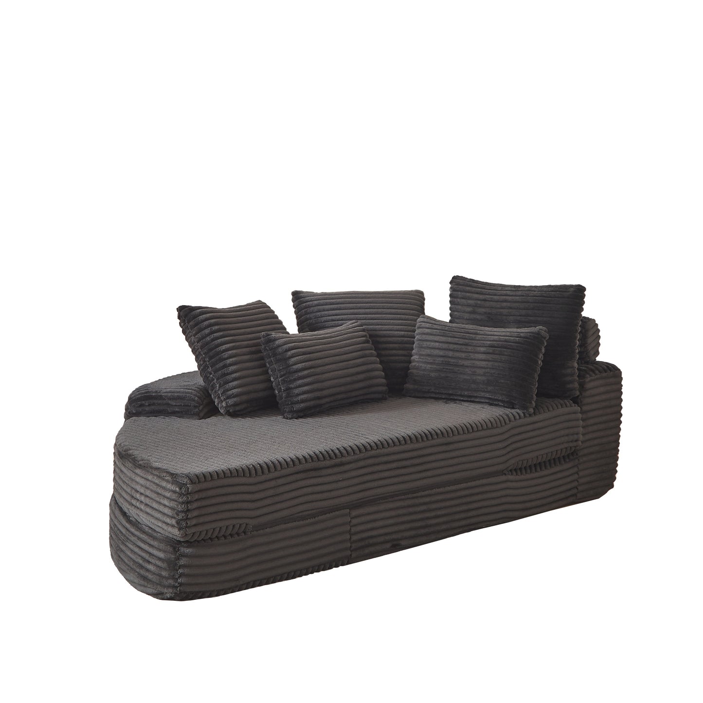 Black Corduroy Semi-Circular 2-in-1 Sofa Bed with Neck Pillow and Five Throw Pillows for Living Room