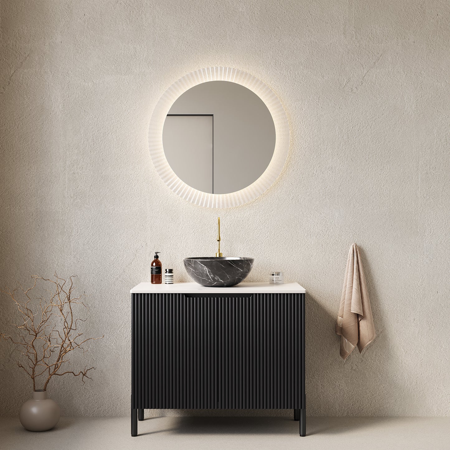 TURIO 30' Bathroom Vanity with Sink, Freestanding Bathroom Storage Cabinet with 2 Doors, Black Bowl Ceramic Basin with Stone Pattern and Carrara White Sintered Stone Countertop, No Faucet, Black Color
