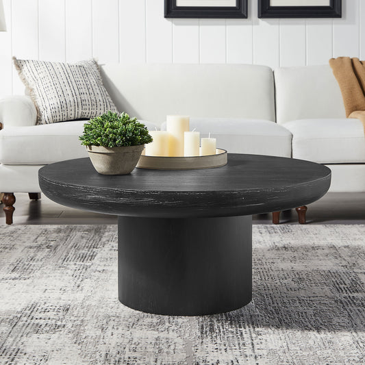Round Coffee Table with Cylindrical Leg Wood Veneer Tabletop Sofa Side Table for living Room Office, Black