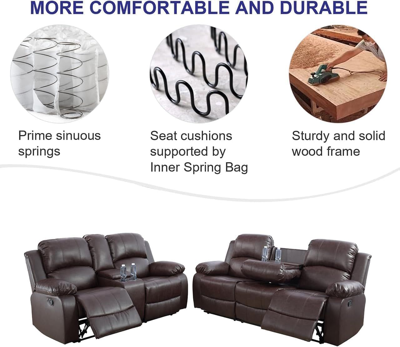 Bonded Leather Living Room Sofa Set With Reclining Sofa And Loveseat Brown