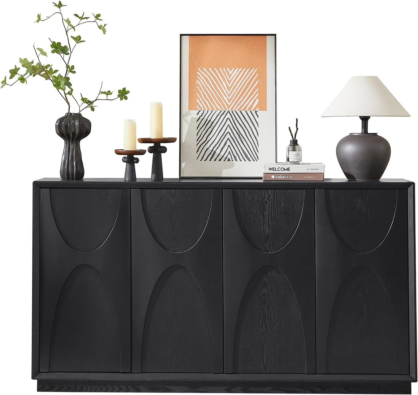 4 Door Accent Cabinet with Solid Wood Carved Doors, Adjustable Shelves, Push to Open Storage Cabinet with Cable Management, Ash Veneer Sideboard for Living Room,