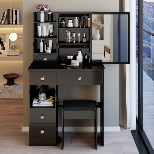 29.2' Small Space Left Drawer Desktop Vanity Table + Cushioned Stool, Extra Large Right sliding mirror, Multi Layer High Capacity Storage, Practical Fashionable Dresser, Suitable For Small Space