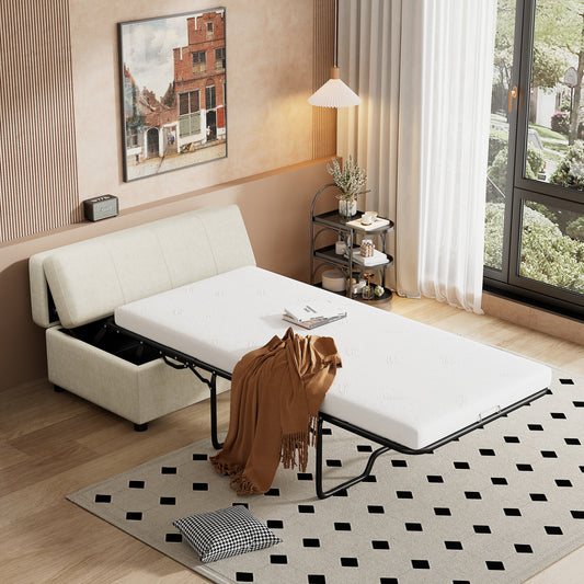 Twin Size Folding Ottoman Sleeper Bed with Mattress Convertible Guest Bed, White