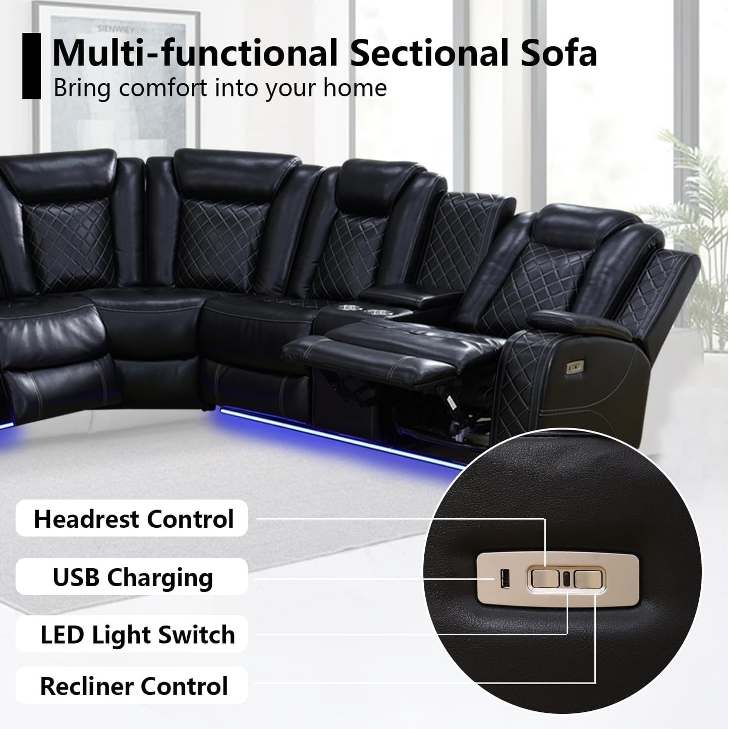 Black Leather Power Reclining Sectional Sofa Living Room