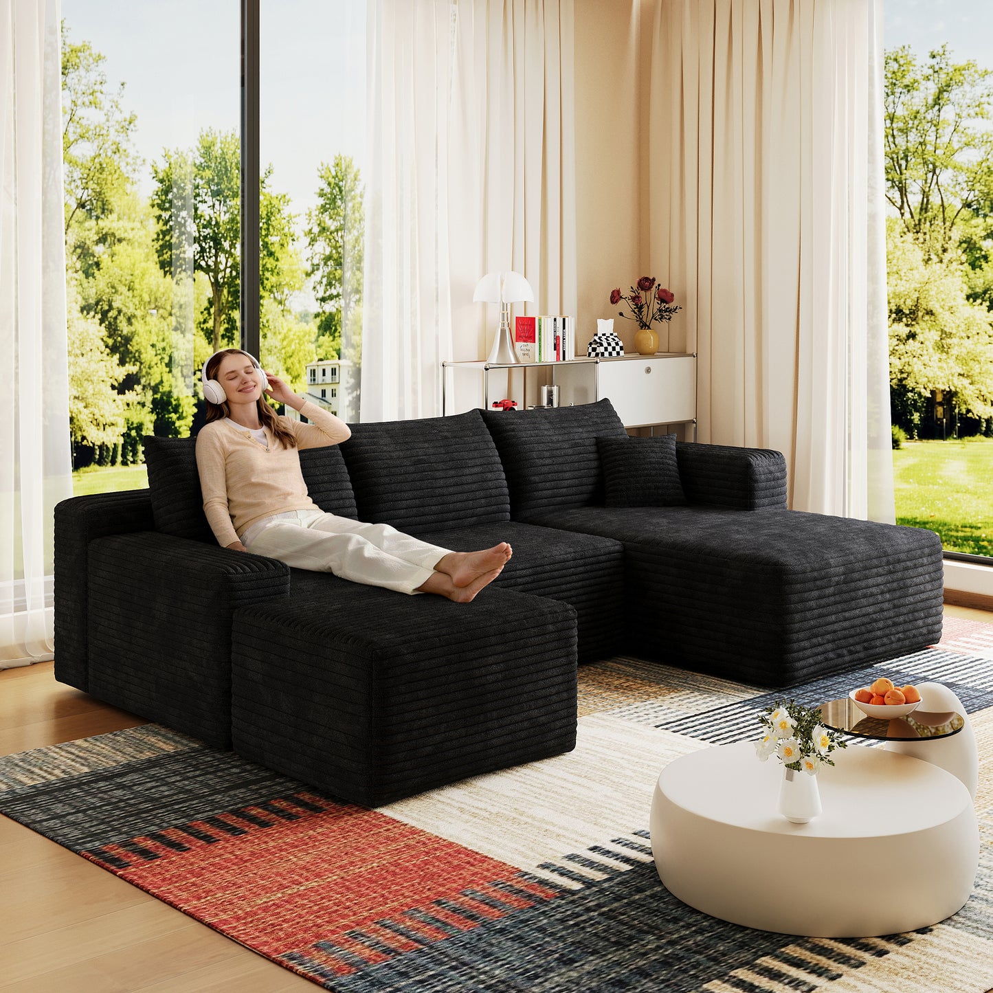 95' Cloud Sectional Sofa with 1 Ottoman,Modern Minimalist Upholstered Couches, Comfort U Shaped Sofa for Living Room,Deep Seat Corner Couch,No Assembly Required,Black (Plush Corduroy Fabric)