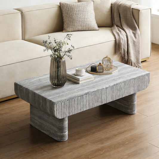 Coffee Table with Grey Wood Texture Tabletop, Mid Century Modern Coffee Table with Fluted Drawer, Coffee Table for Living Room, Office