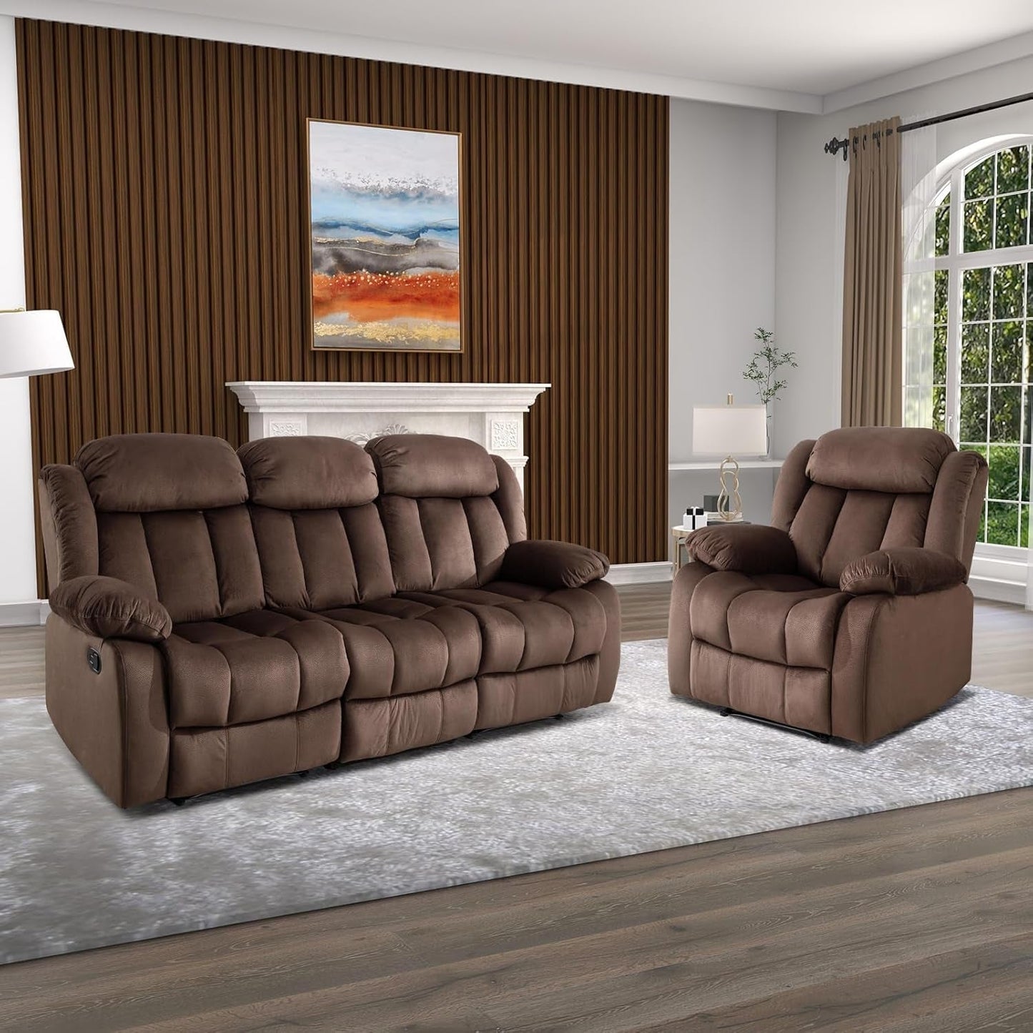Manual Reclining Sofa Set With 3 Seat Sofa And Recliner