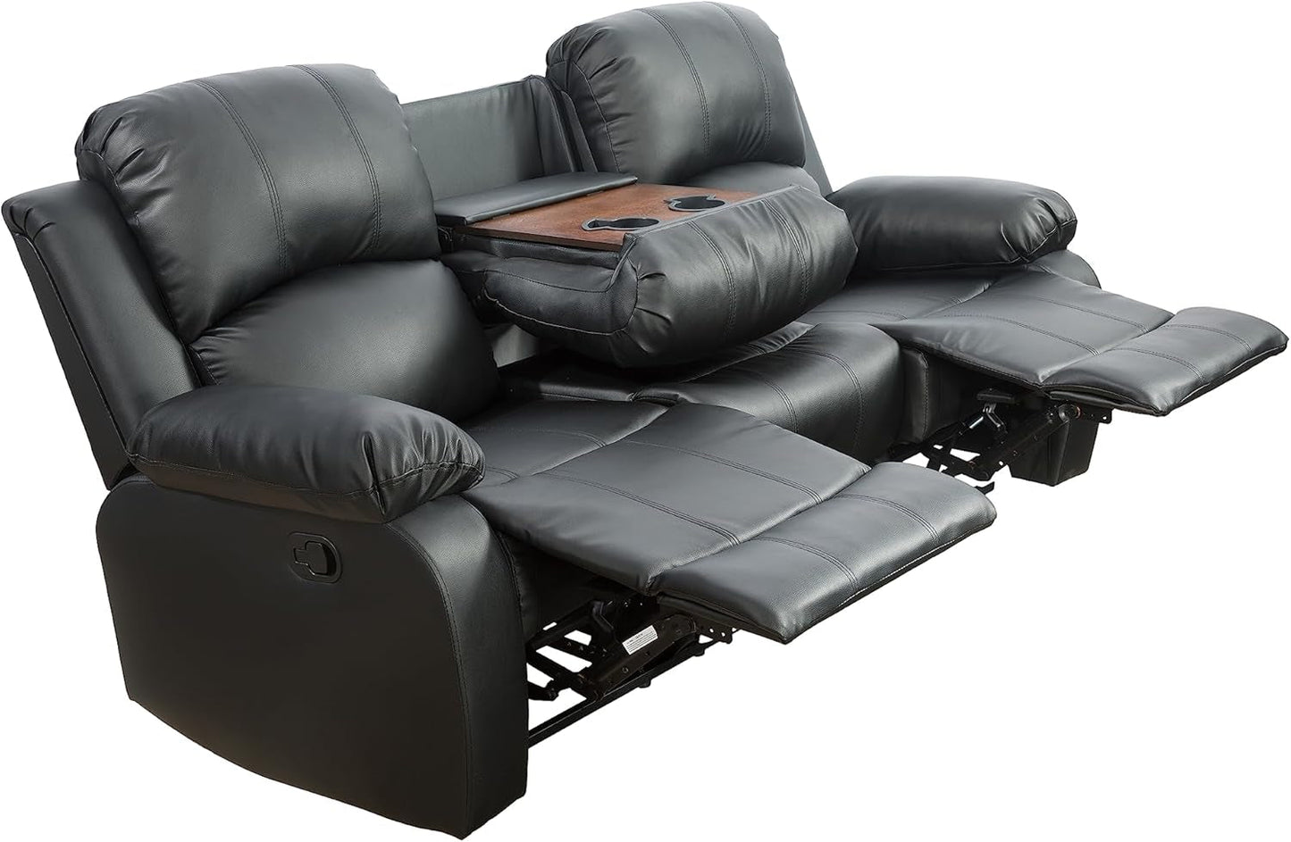 Black Vegan Leather 3 Seater Recliner Sofa Cupholders