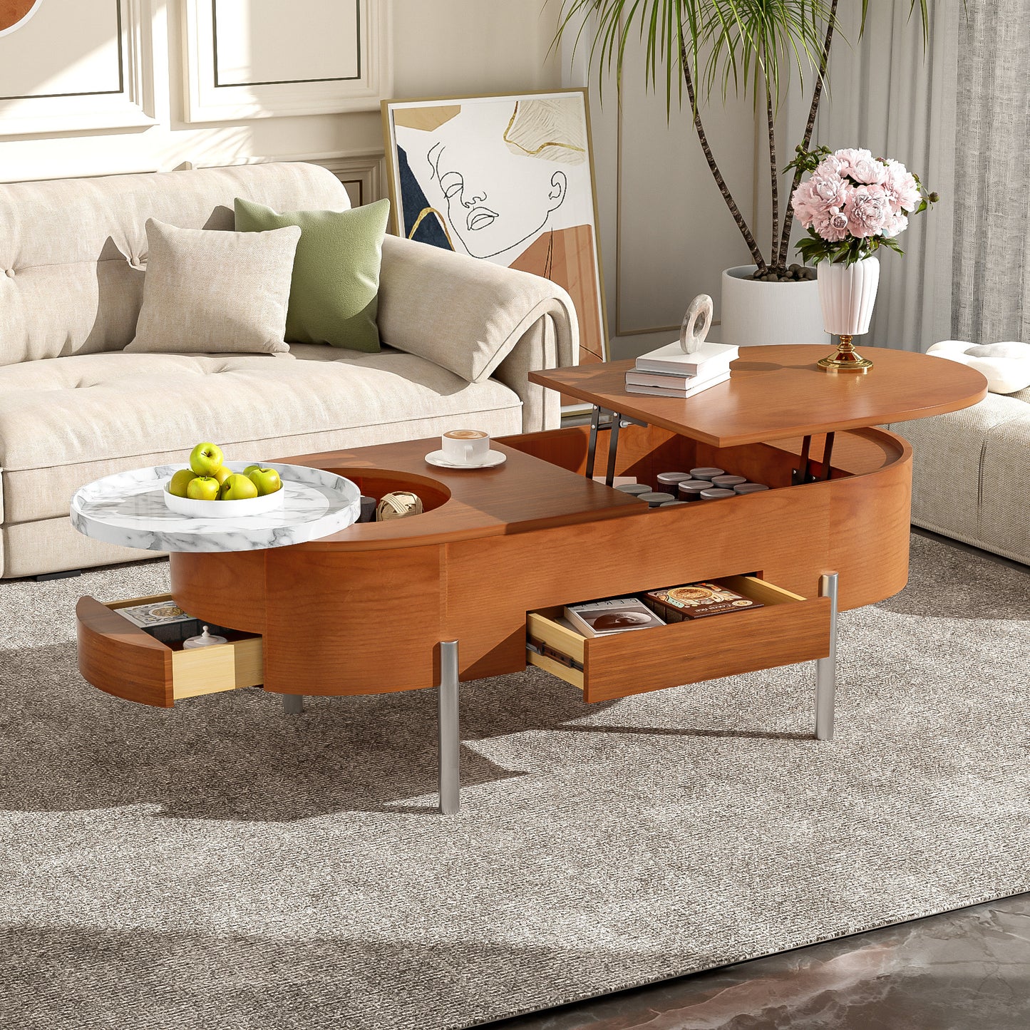 U-Can 47.2''Lift Top Coffee Table with 360-degree Marble-patterned rotating tray,Hidden Compartment, Partially Assembled Wooden Center Table, Modern Oval Lift Tabletop for Home Living Room