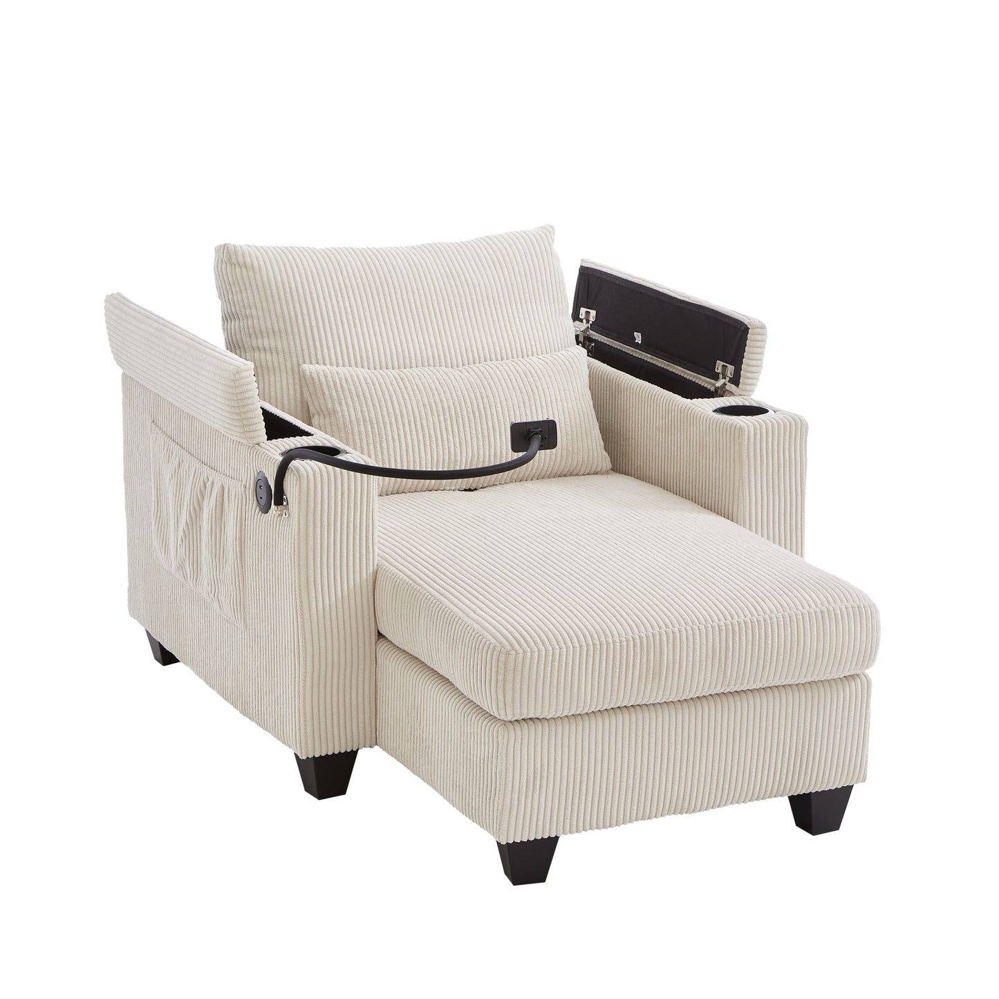 Convertible Chaise Lounge Sofa Chair Sofa Bed with USB Ports, Cup Holders, Phone Holder, and Storage, Beige Corduroy, 37.4'