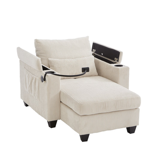 Convertible Chaise Lounge Sofa Chair Sofa Bed with USB Ports, Cup Holders, Phone Holder, and Storage, Beige Corduroy, 37.4'