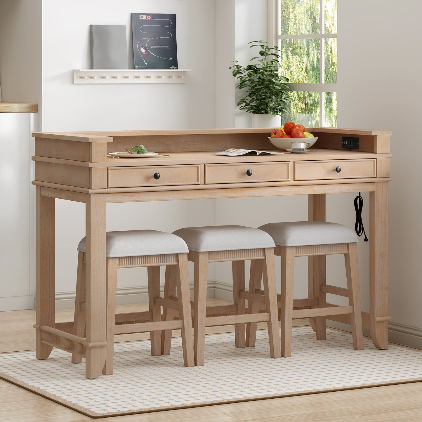 TREXM 4-Piece Dining Table Set for 3, Retro Kitchen Table and Chairs Set with 3 Storage Drawers, Ideal for Small Spaces (Natural)