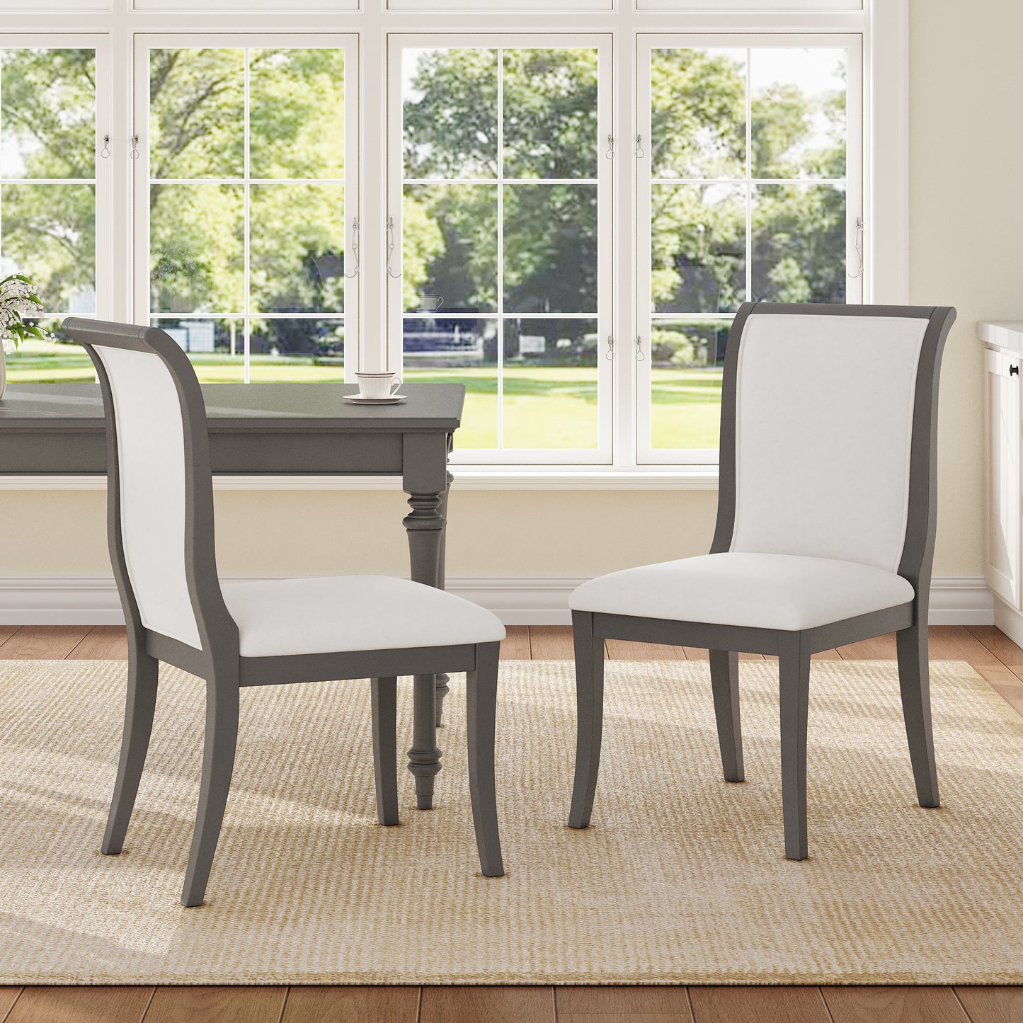 Oak Gray Finish Upholstered Dining Chairs Set of 2 - Traditional Elegant Fabric Side Chairs with Curved Lines, Solid Hardwood Frame