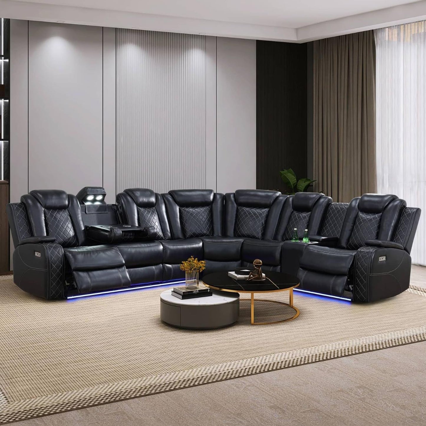Black Leather Power Reclining Sectional Sofa Living Room