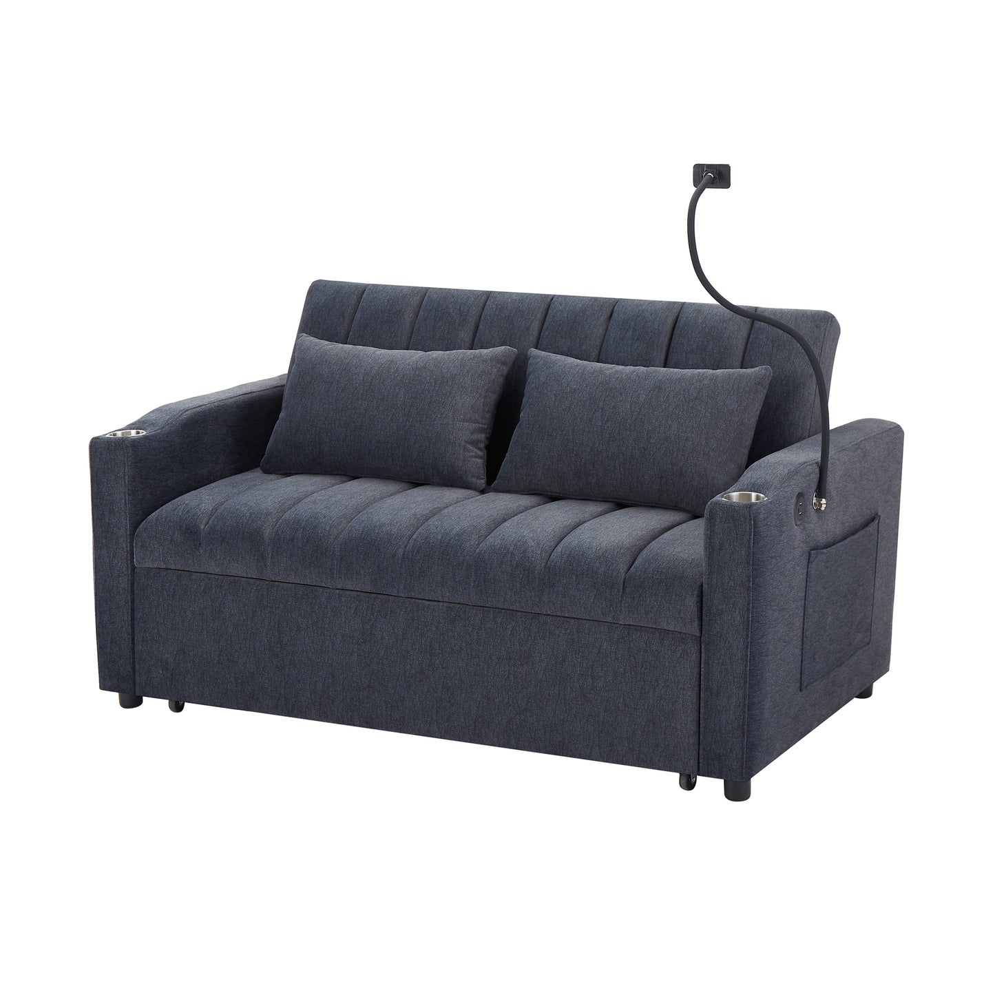Convertible Sofa Bed Loveseat with USB Ports, Side Pockets, Cup Holders, and Phone Holder in Blue Grey Bella Fabric, 55.9'
