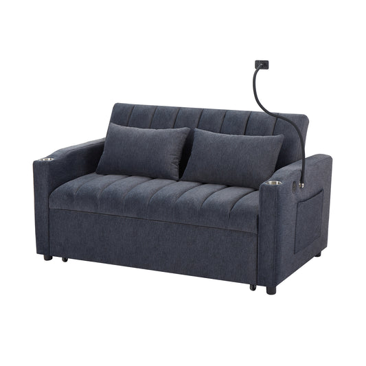 Convertible Sofa Bed Loveseat with USB Ports, Side Pockets, Cup Holders, and Phone Holder in Blue Grey Bella Fabric, 55.9'